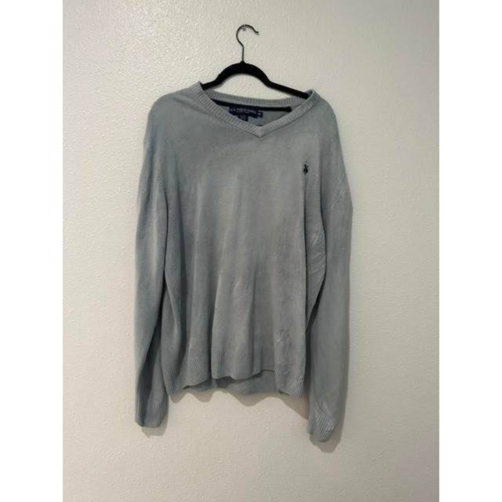 US Polo Assn Mens XL V-Neck Sweater Light Blue Acrylic Knit Long Sleeve Logo